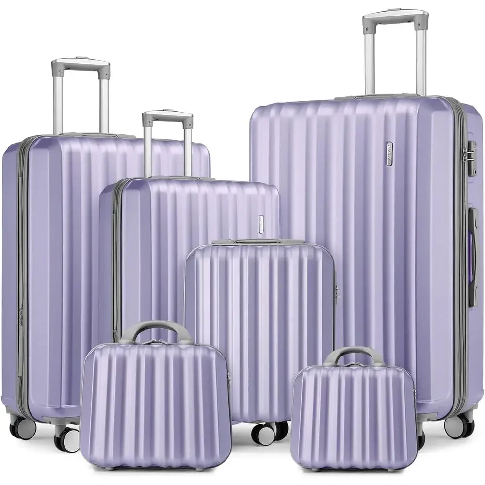 Expandable Hard Shell Luggage Set - 6-teiliges Lavendel-Hartschalen-Kofferset mit Kosmetikkoffer, Größen 12/14/18/20/24/28